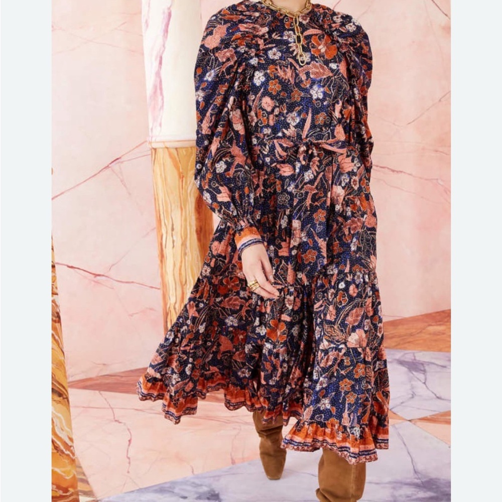 Ulla Johnson Samar Midi Dress Cottagecore Midnight Print Long Sleeve